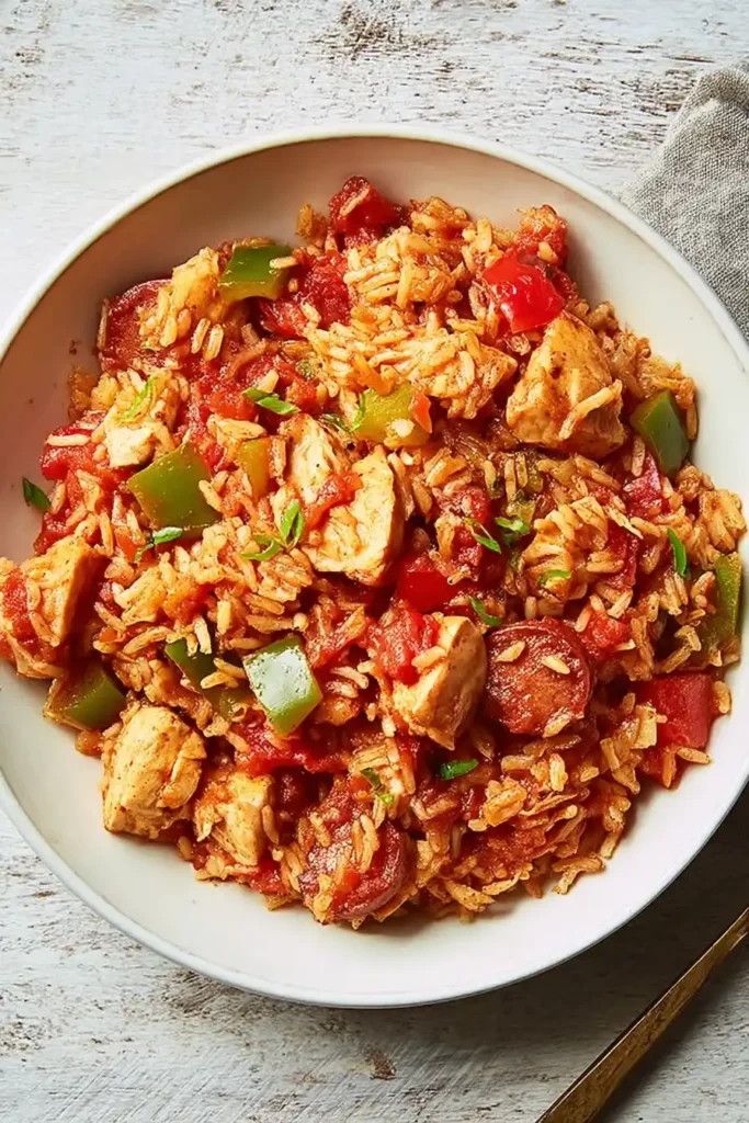 A bowl of jambalaya in a white ceramic dish, featuring rice mixed with chunks of chicken, slices of sausage, diced tomatoes, green and red bell peppers, and garnished with fresh parsley.