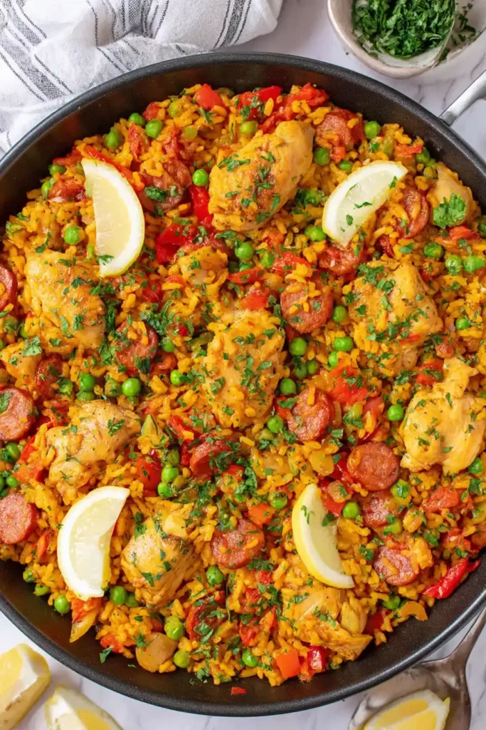 A colorful paella dish in a black pan, featuring saffron-infused rice, tender chicken pieces, slices of chorizo, green peas, red bell peppers, and garnished with fresh parsley and lemon wedges.