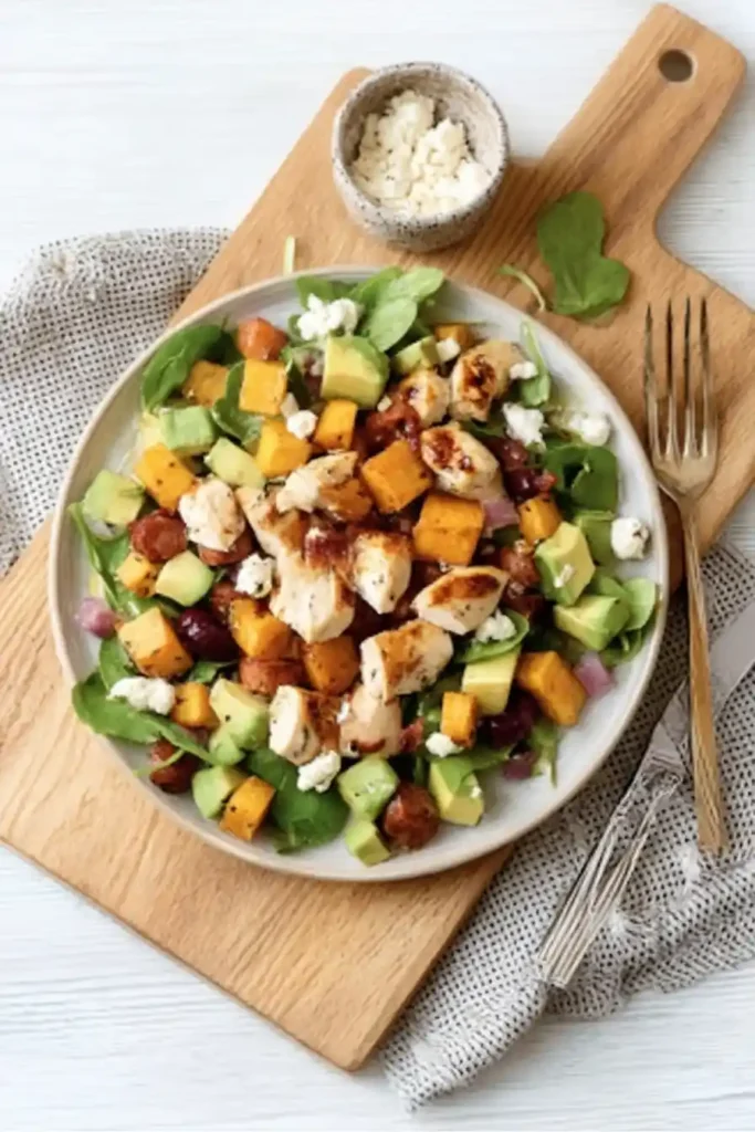A colorful salad on a white plate, featuring mixed greens, grilled chicken, roasted butternut squash, avocado chunks, dried cranberries, crumbled feta cheese, and red onion.