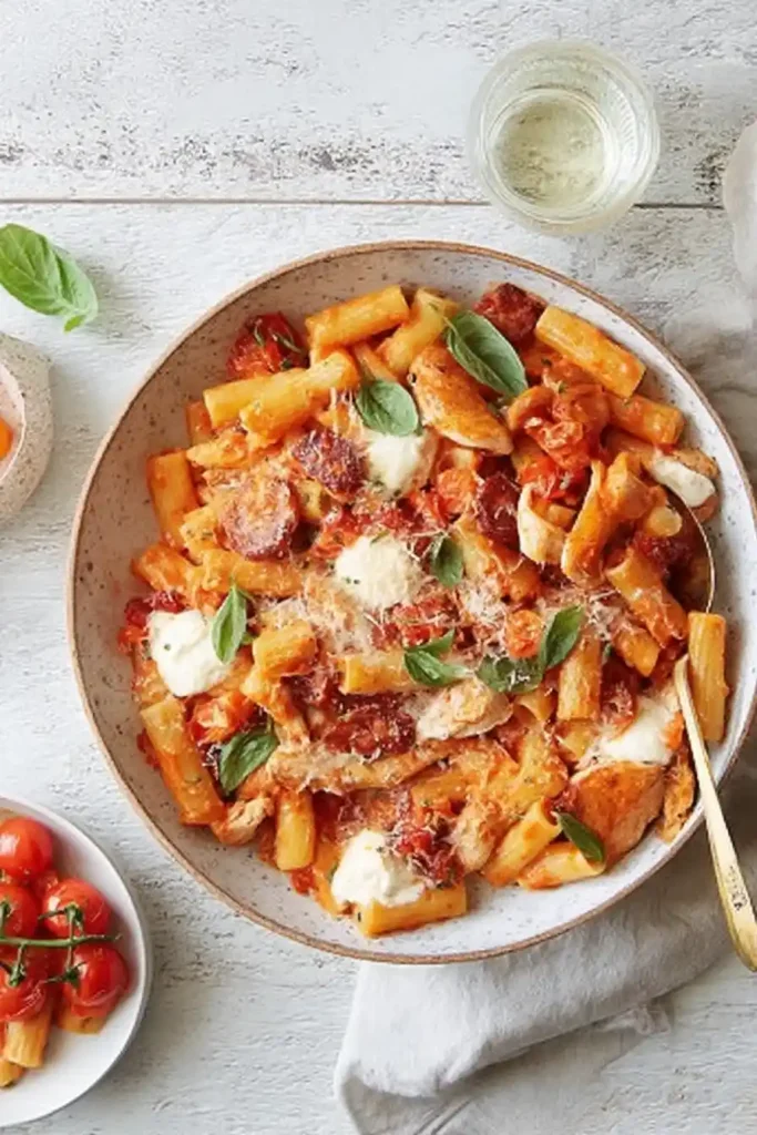A beautifully plated dish of rigatoni pasta served with a rich tomato sauce, chunks of sausage, dollops of creamy ricotta, and fresh basil leaves.