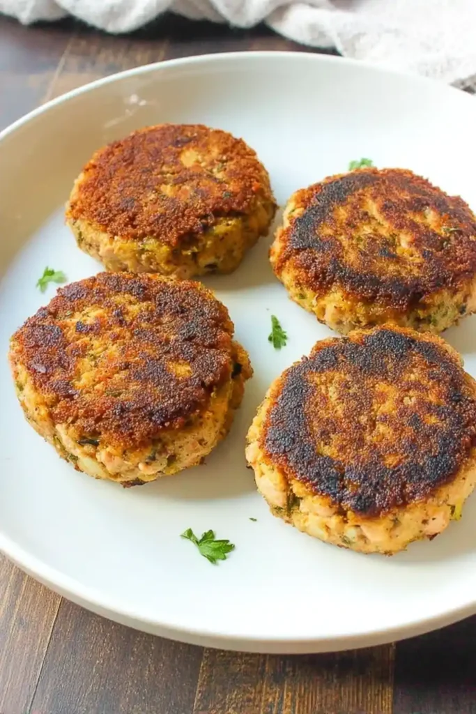 A white plate featuring four golden-brown salmon patties arranged in a circular pattern, garnished with fresh parsley. In the center, a small bowl of creamy dipping sauce is placed, with lemon wedges and additional parsley scattered around the plate.