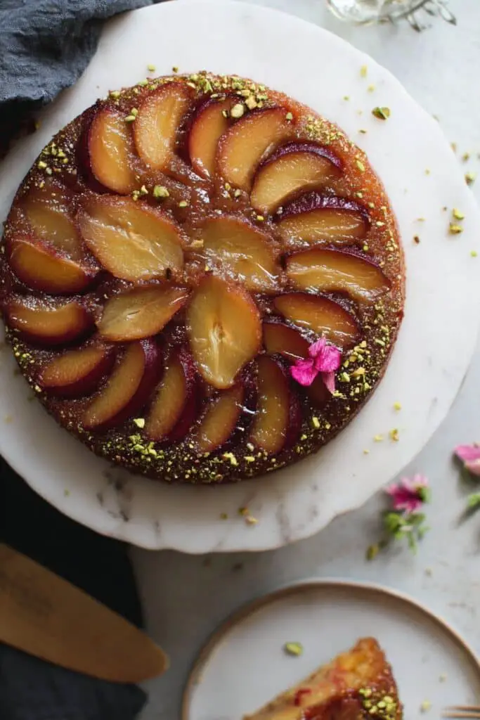 Full nectarine cake on cake stand