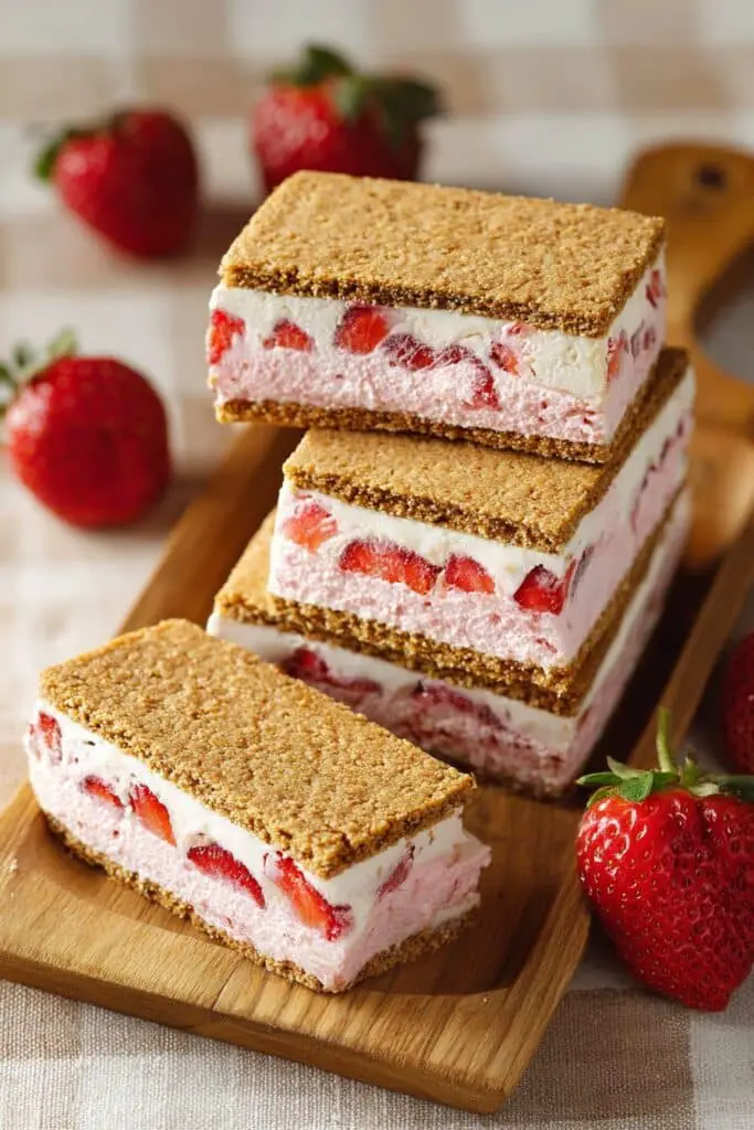 stack of strawberry graham cracker sandwiches place on wooden table