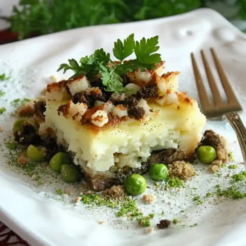 A square piece of potato turbate with a crispy top, layered mashed potatoes, and a meat filling, garnished with parsley and peas on a white plate with a fork, set on a red lace tablecloth.