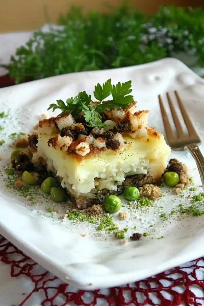 A square piece of potato turbate with a crispy top, layered mashed potatoes, and a meat filling, garnished with parsley and peas on a white plate with a fork, set on a red lace tablecloth.