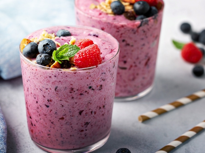 Strawberry blackberry smoothie in glass