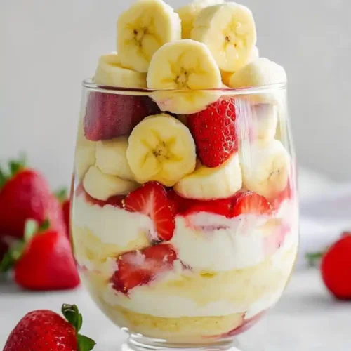 Banana Strawberry Pudding decorated withh strawberry and banana