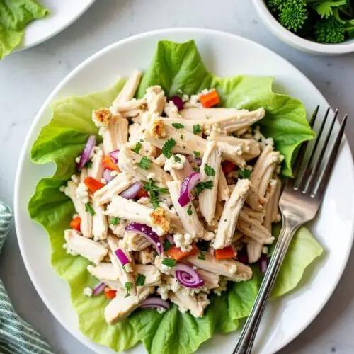Chicken salad without celery in white plate with fork
