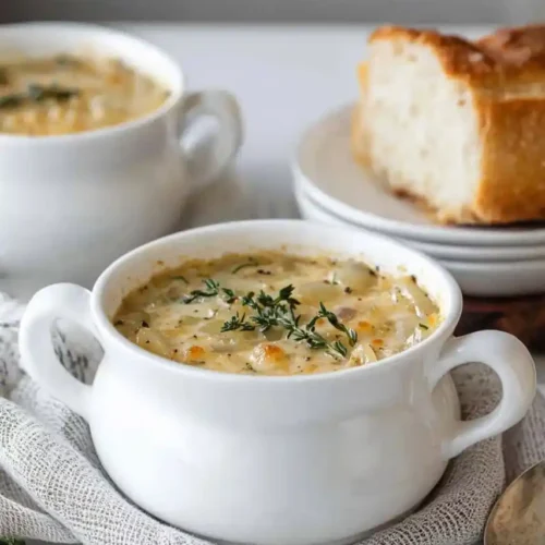 French Onion Soup and nearby bread is placed