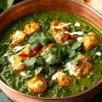 close view of Palak Chicken in wooden bowl
