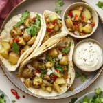 two Potato Green Chile Tacos placed in plate aith sauce