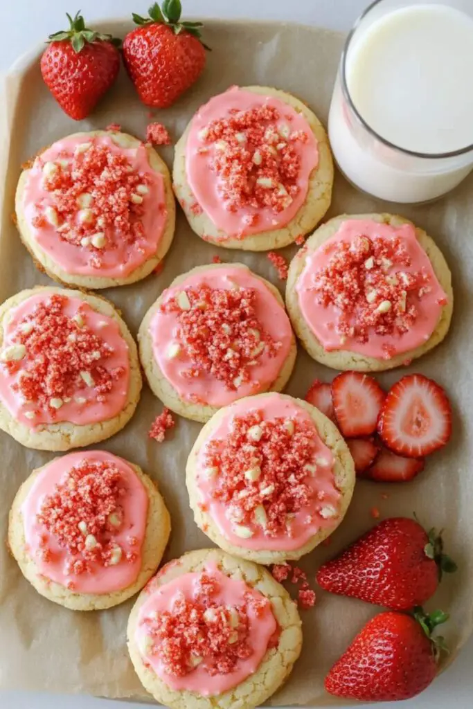 Strawberry Crunch Cookies plsced on wooden table