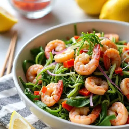 poik salad with shrimp in white bowl
