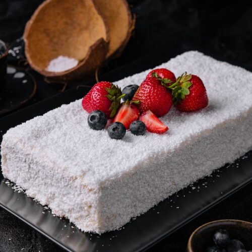 Strawberry and coconut cake in tray