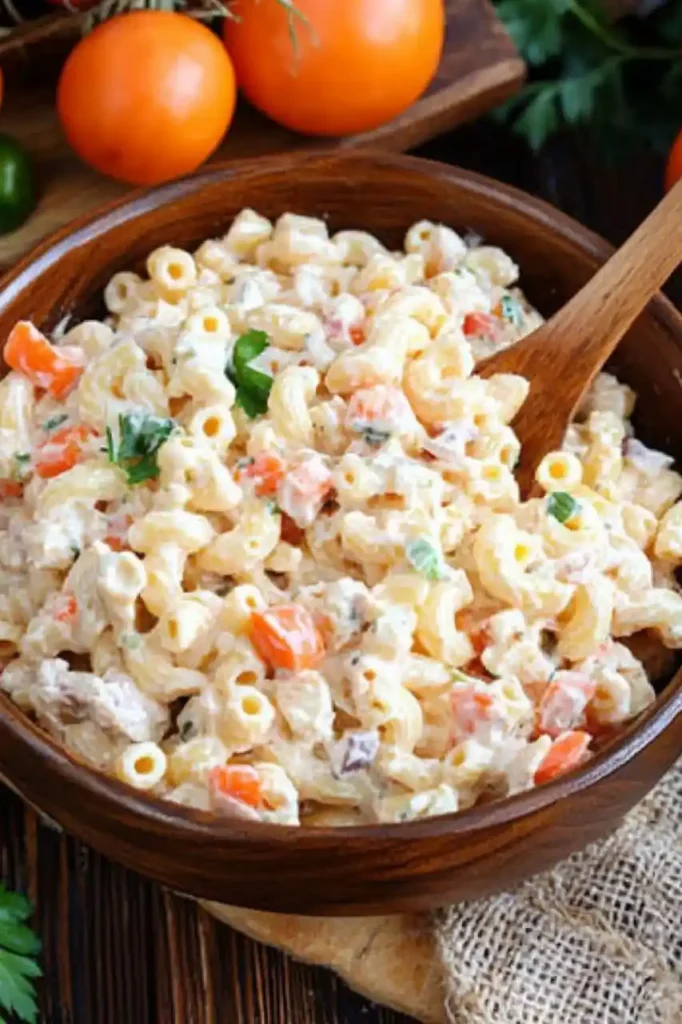Chicken Macaroni Salad With Nestle Cream in wooden bowl and two tomatoes are placed nearby