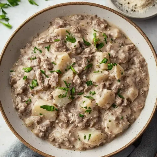 potato stroganoff in plate garnish with cheese