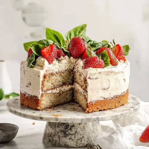 Strawberry Basil Cake on cake stand