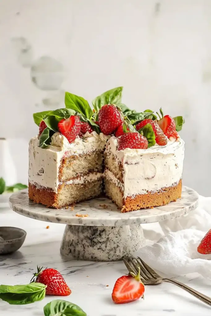 Strawberry Basil Cake on cake stand