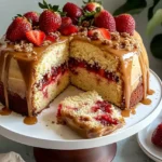 Strawberry Caramel Cake on cake stand