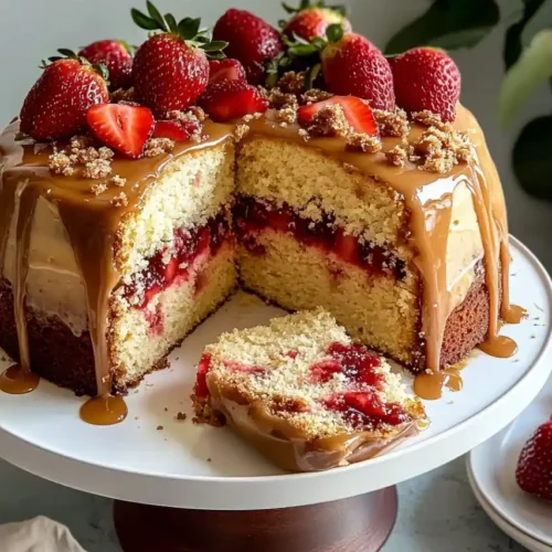 Strawberry Caramel Cake on cake stand