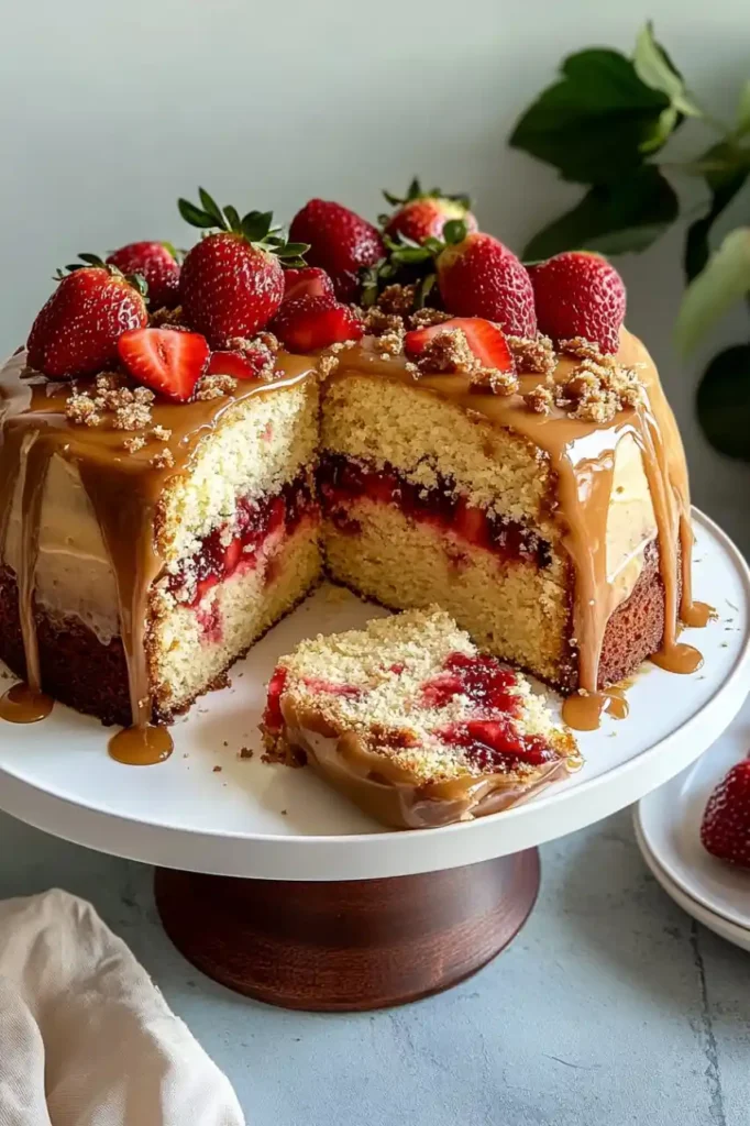 Strawberry Caramel Cake on cake stand