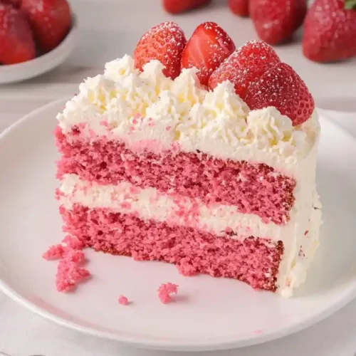 slice of Strawberry Float Cake in plate with strawberry decoration