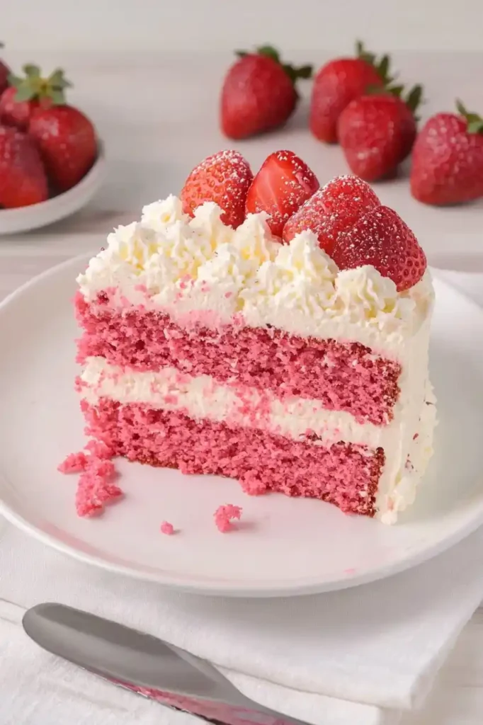slice of Strawberry Float Cake in plate with strawberry decoration