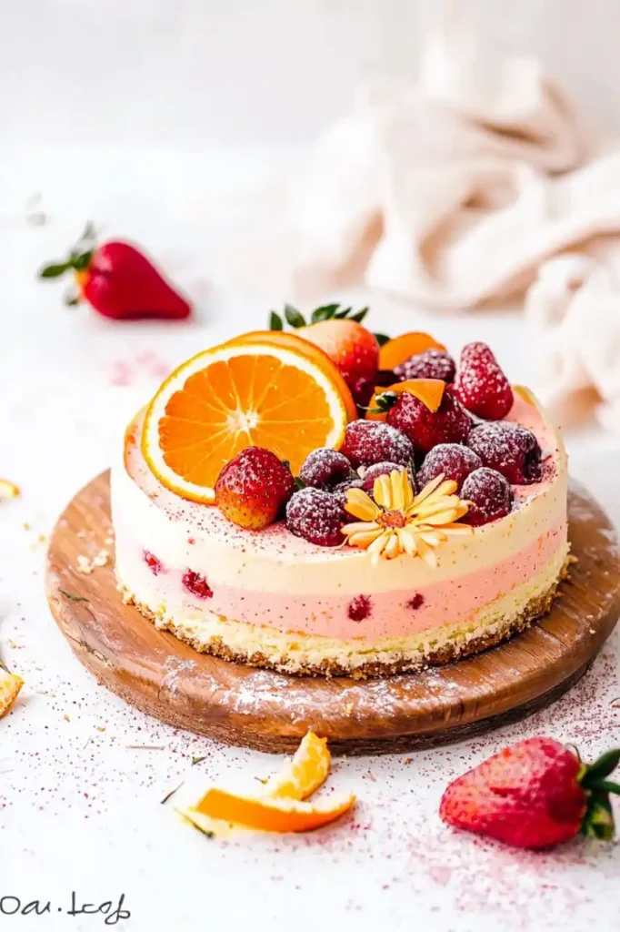 decorated Strawberry Orange Cake place on wooden board