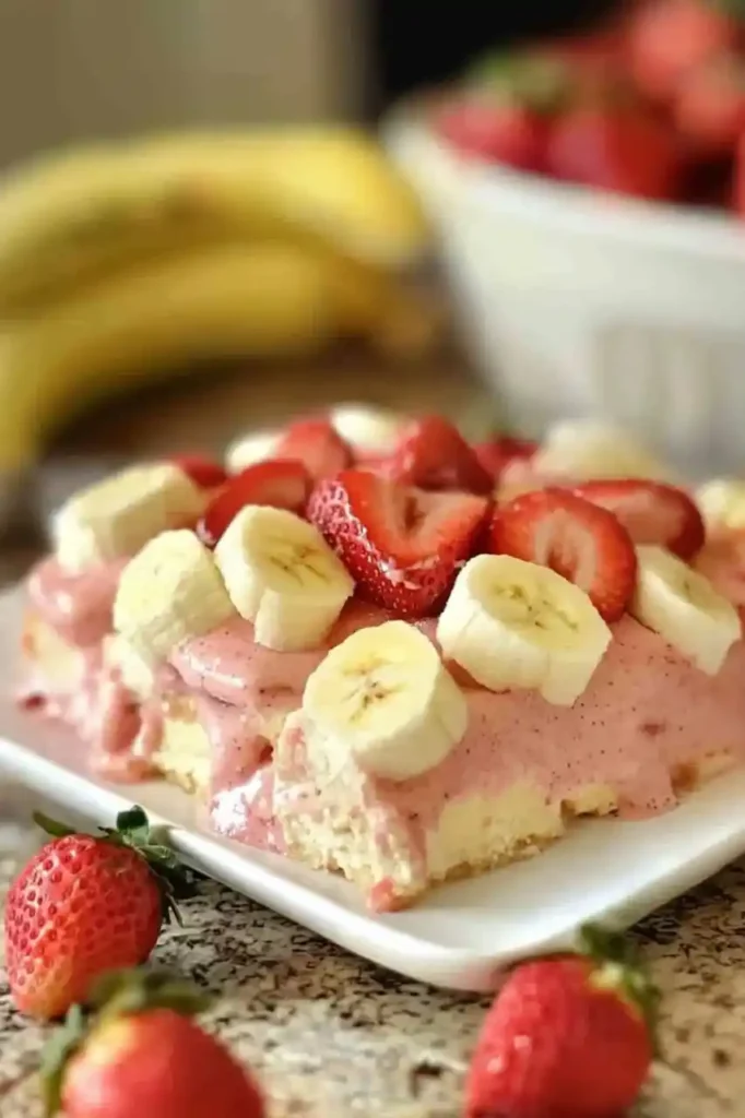close view of Strawberry and Banana Pudding Cake
