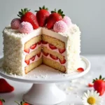 coconut strawberrry cake placed on cake stand