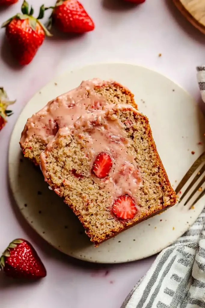 slices of Gluten Free Strawberry Bread in white plate and strawberries are placed nearby