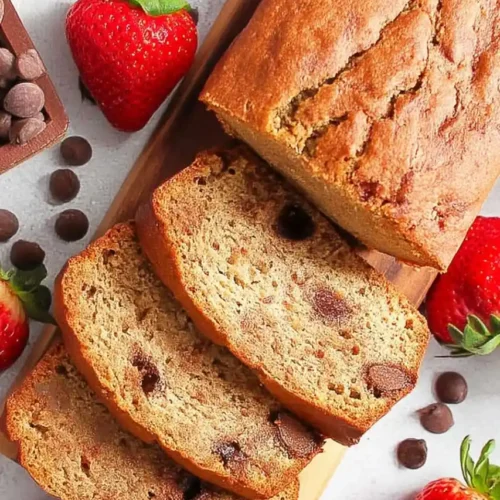 loaf of strawberry bread and two slices are cut from loaf. Chocolate chips are scattered around