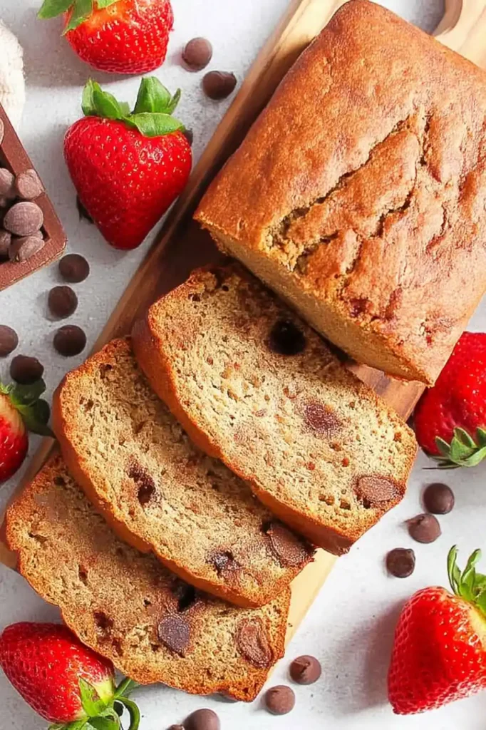 loaf of strawberry bread and two slices are cut from loaf. Chocolate chips are scattered around
