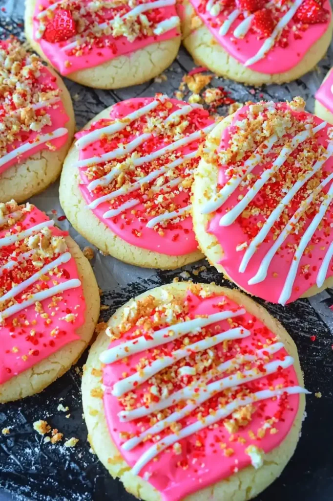 close view of Strawberry Shortcake Sugar Cookies decorated with cream