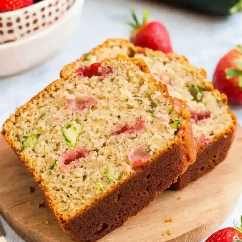 two slices of zucchini and strawberry bread is placed on wooden board