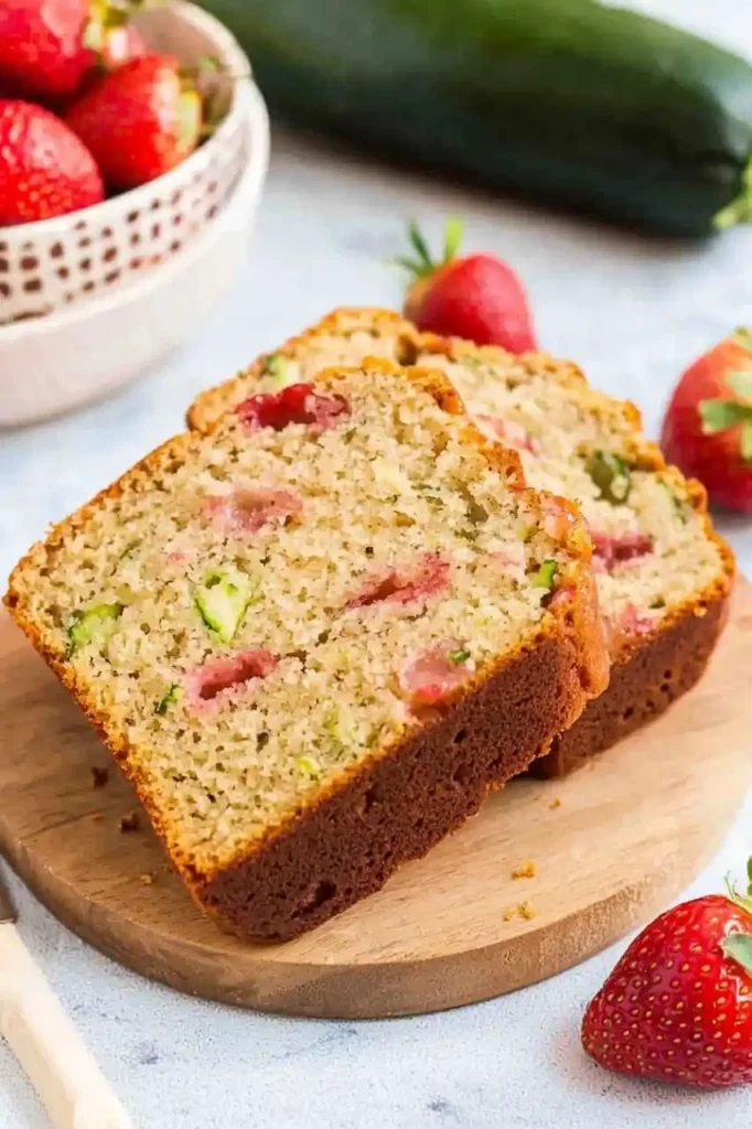 two slices of zucchini and strawberry bread is placed on wooden board