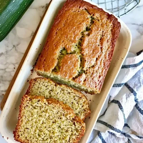 loaf of zucchini bread and two slices are cut from loaf