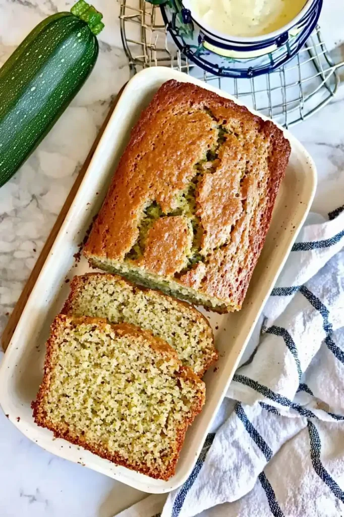 loaf of zucchini bread and two slices are cut from loaf