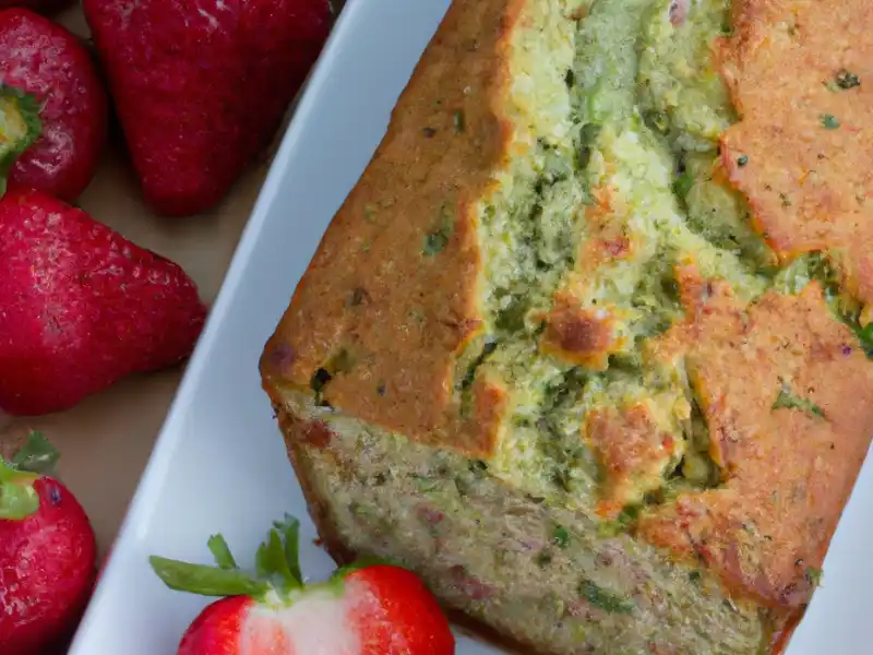 Strawberry zucchini bread with strawberries in tray