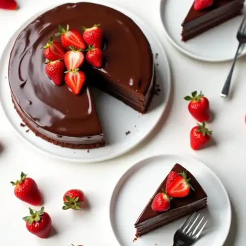 Chocolate Covered Strawberry Mousse Cake and two slices in plates