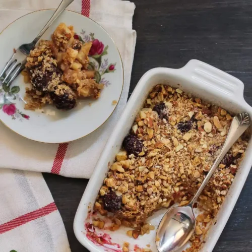 blackberry crumble in a baking dish