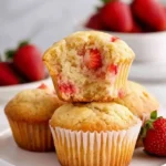 four muffins in placed in plate in which one muffin is half eaten and strawberries in bowls place in the background