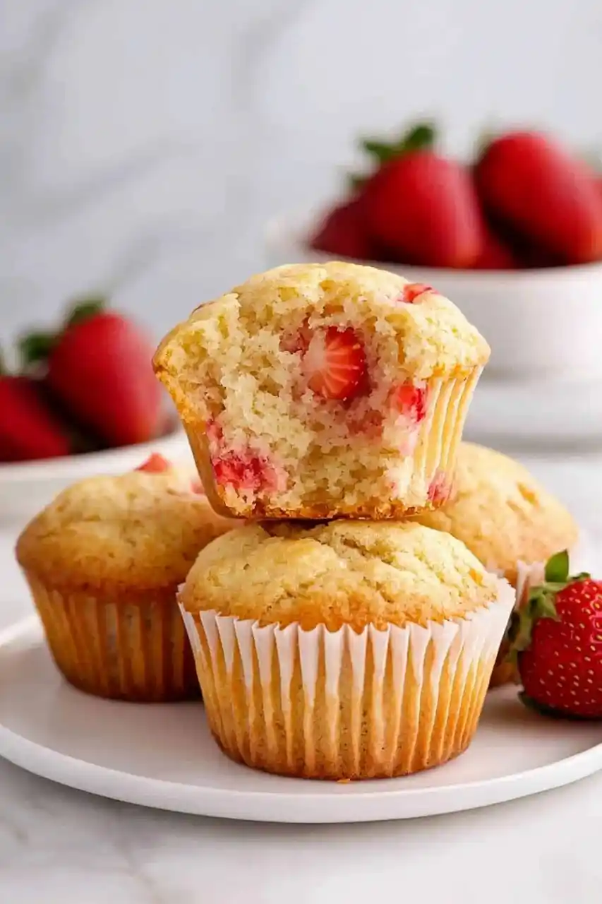 four muffins in placed in plate in which one muffin is half eaten and strawberries in bowls place in the background