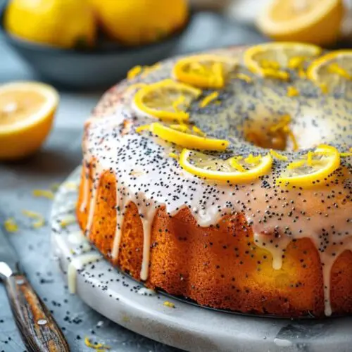 Lemon Poppy Seed Cake on cake stand