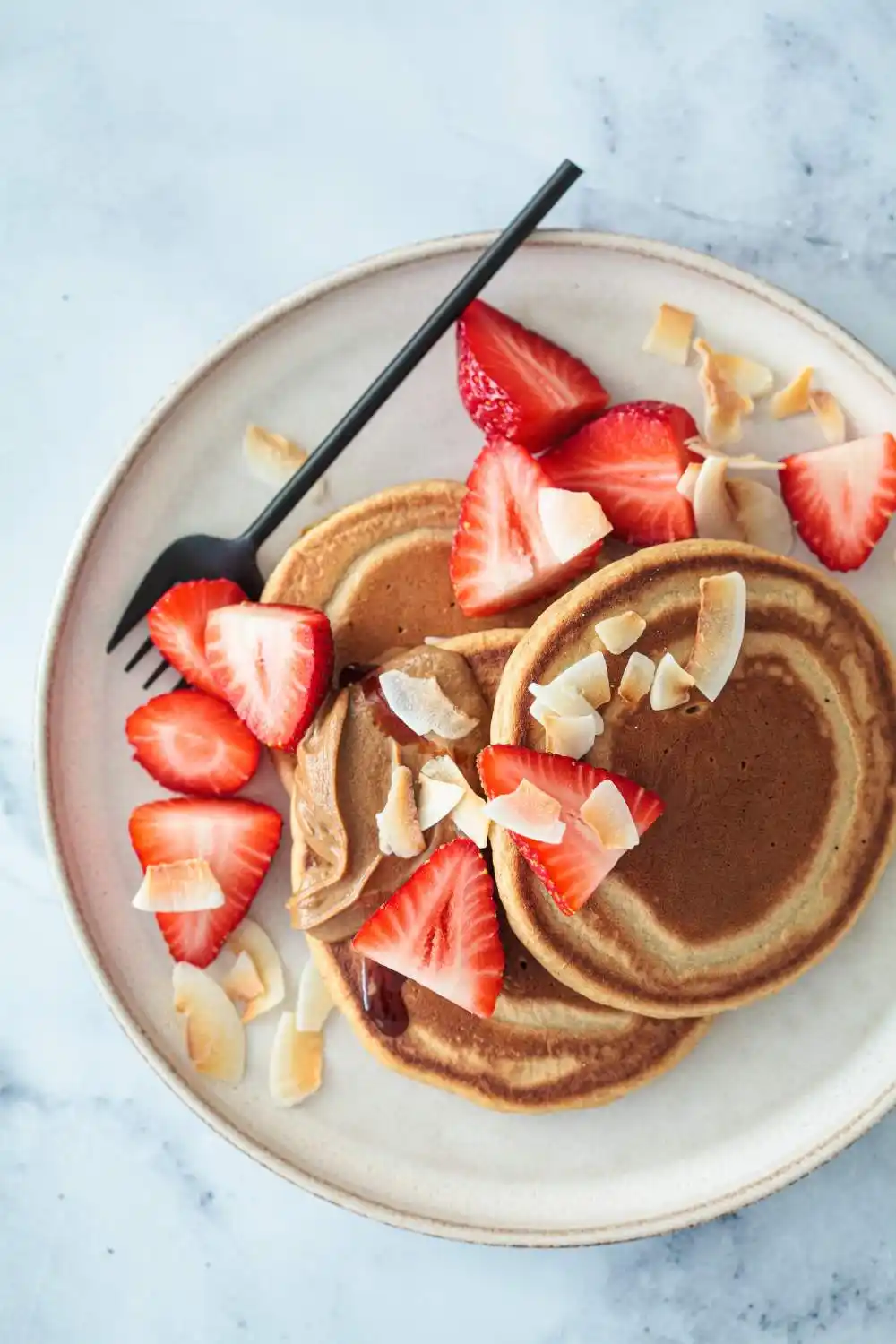 top down view of Vegan Strawberry Pancakes