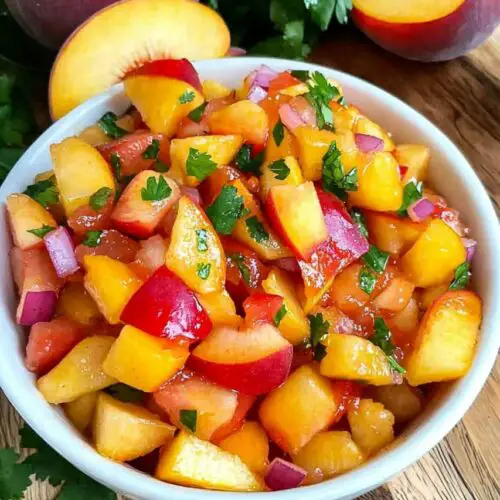 peach salsa in bowl and peaches are placed nearby