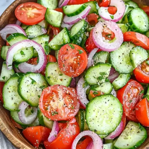 Cucumber Tomato Onion Salad in wooden bowl