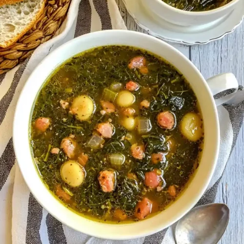 two bowls filled with turnip green soup and bread is place nearby