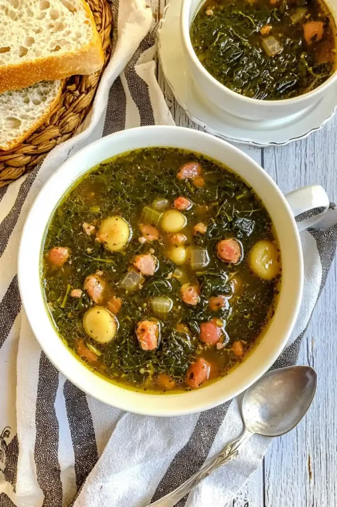 two bowls filled with turnip green soup and bread is place nearby