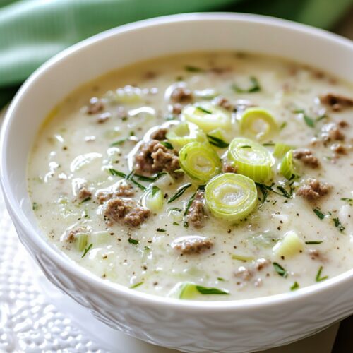 Ground-Beef-Leek-Cheese-Soup in bowl